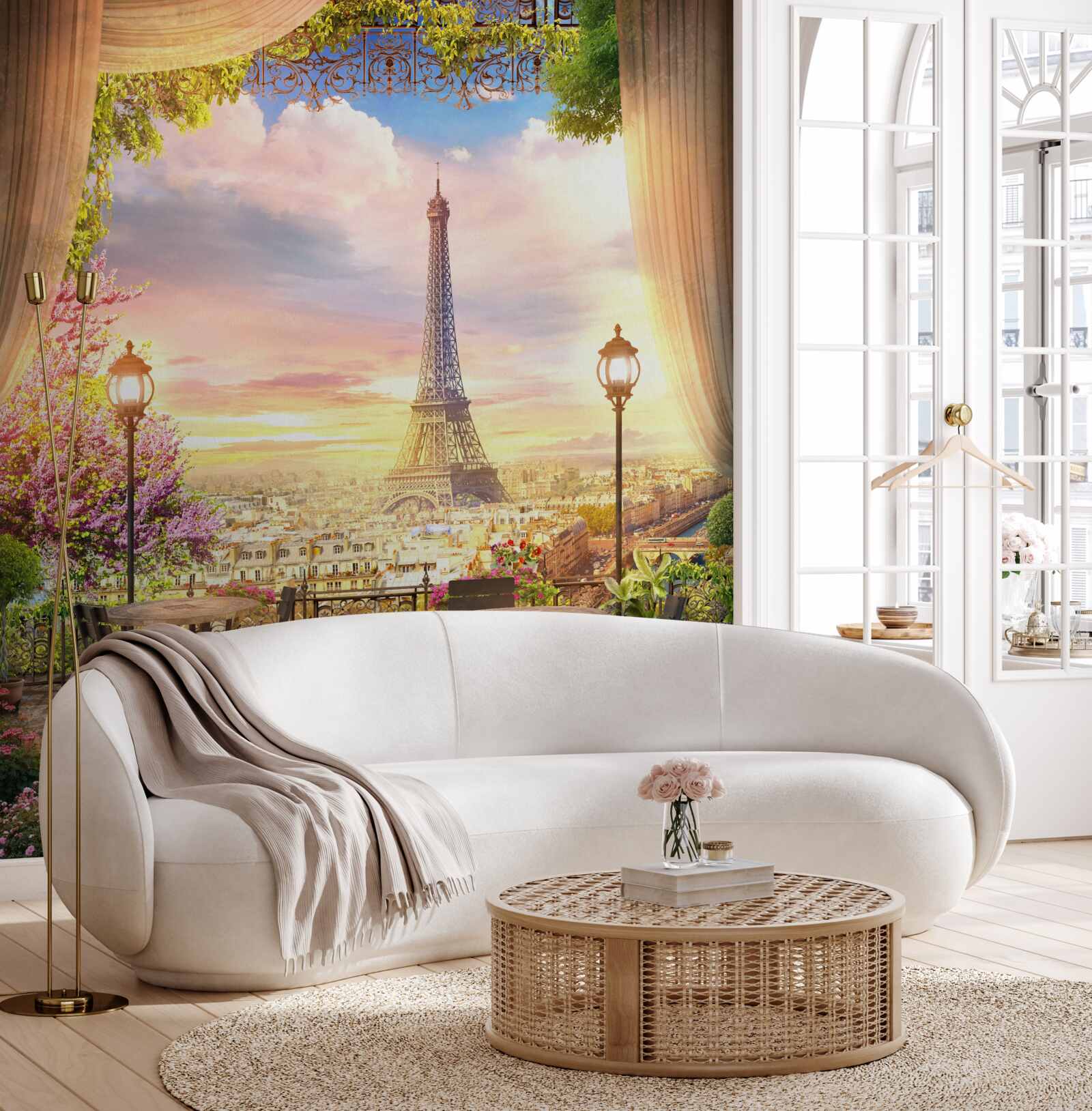 Papier peint les tables basses avec vue sur la tour eiffel créent une atmosphère chaleureuse