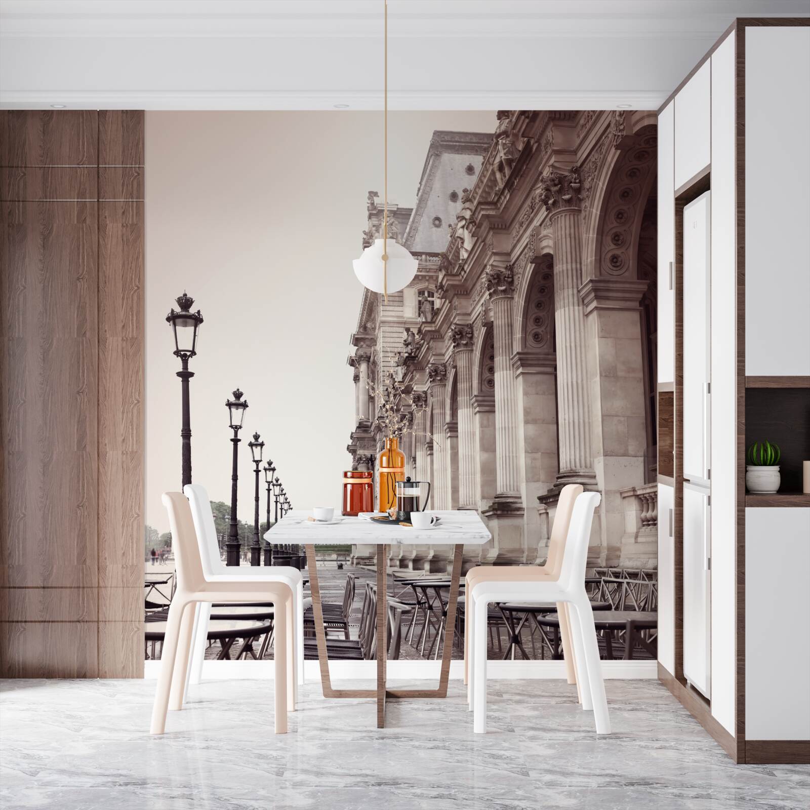 Papier peint café italien sur le quai sous la pluie