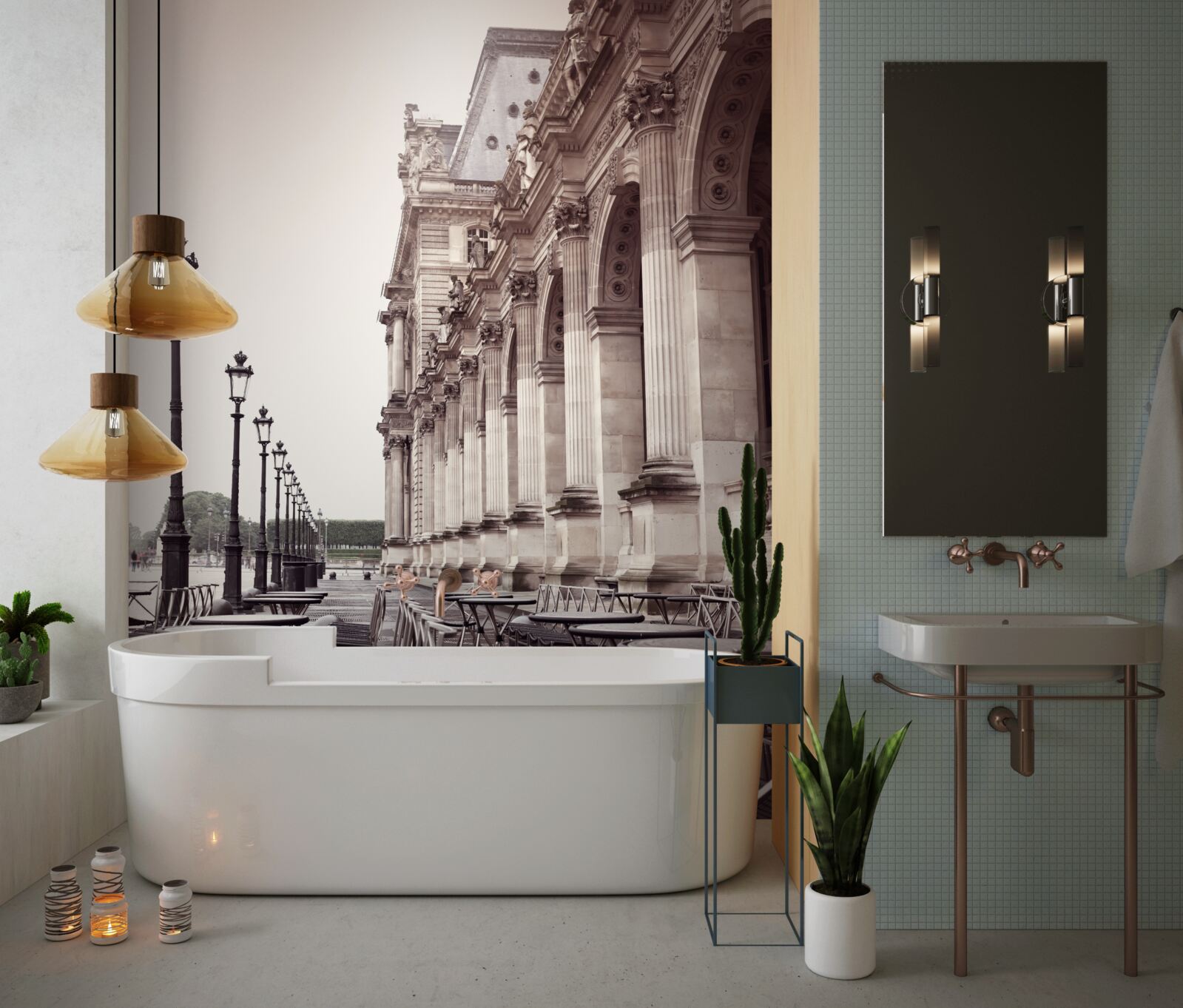 Papier peint café italien sur le quai sous la pluie