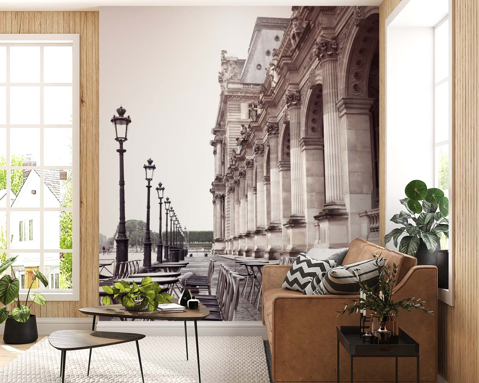 Papier peint café italien sur le quai sous la pluie