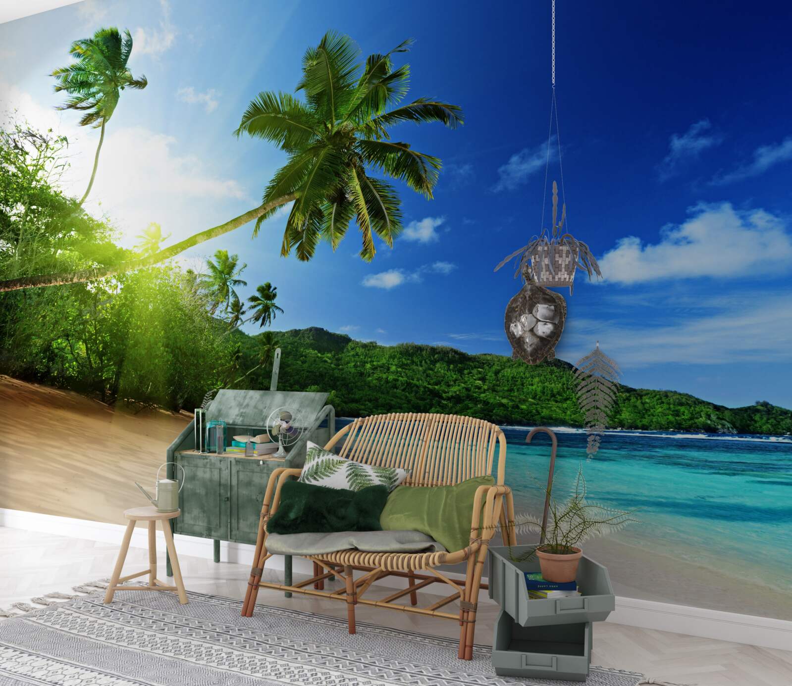 Papier peint Les rayons du soleil levant illuminent le rivage tropical de l'océan Atlantique.