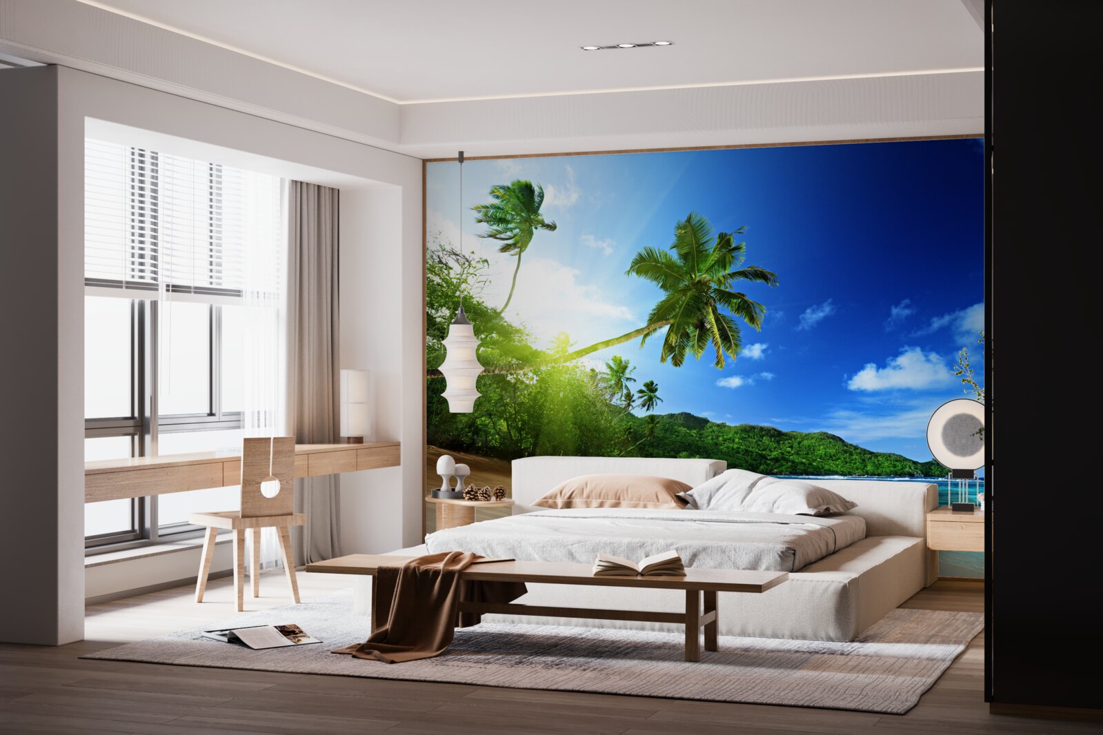 Papier peint Les rayons du soleil levant illuminent le rivage tropical de l'océan Atlantique.