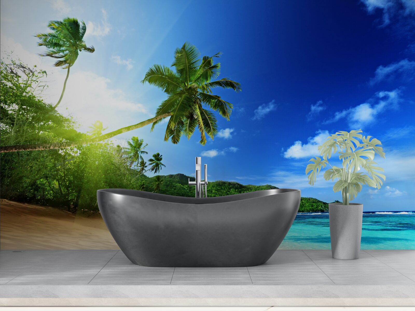 Papier peint Les rayons du soleil levant illuminent le rivage tropical de l'océan Atlantique.