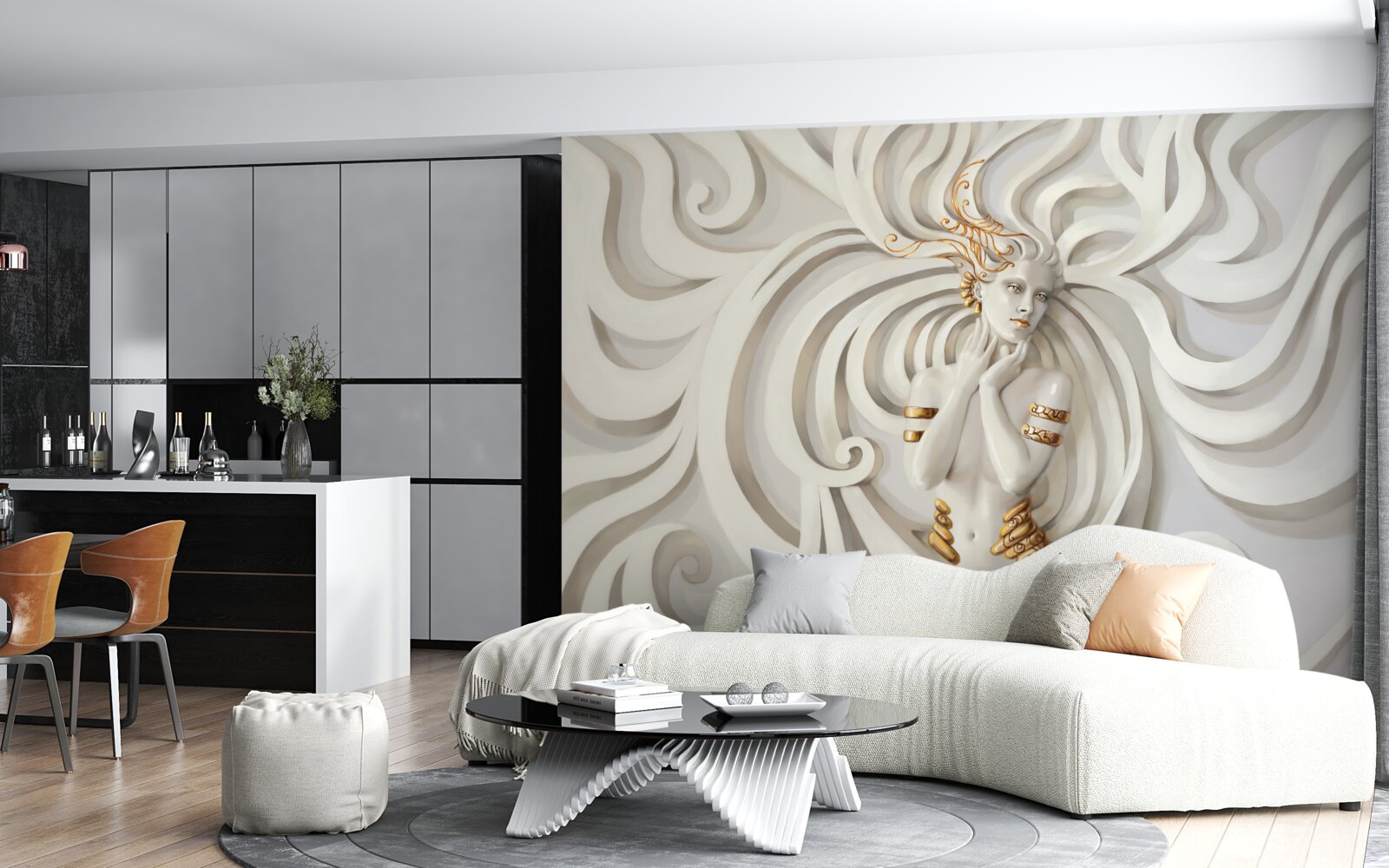 Papier peint Image d'une femme avec des éléments dorés et des motifs abstraits