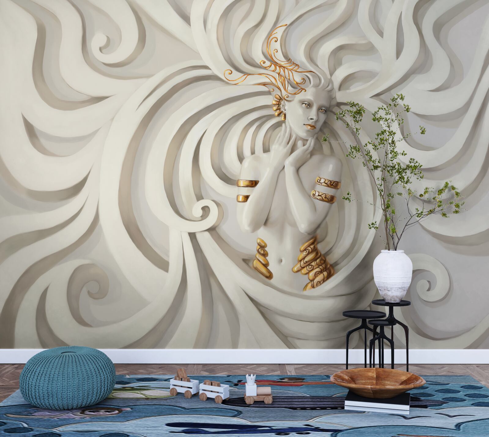 Papier peint Image d'une femme avec des éléments dorés et des motifs abstraits