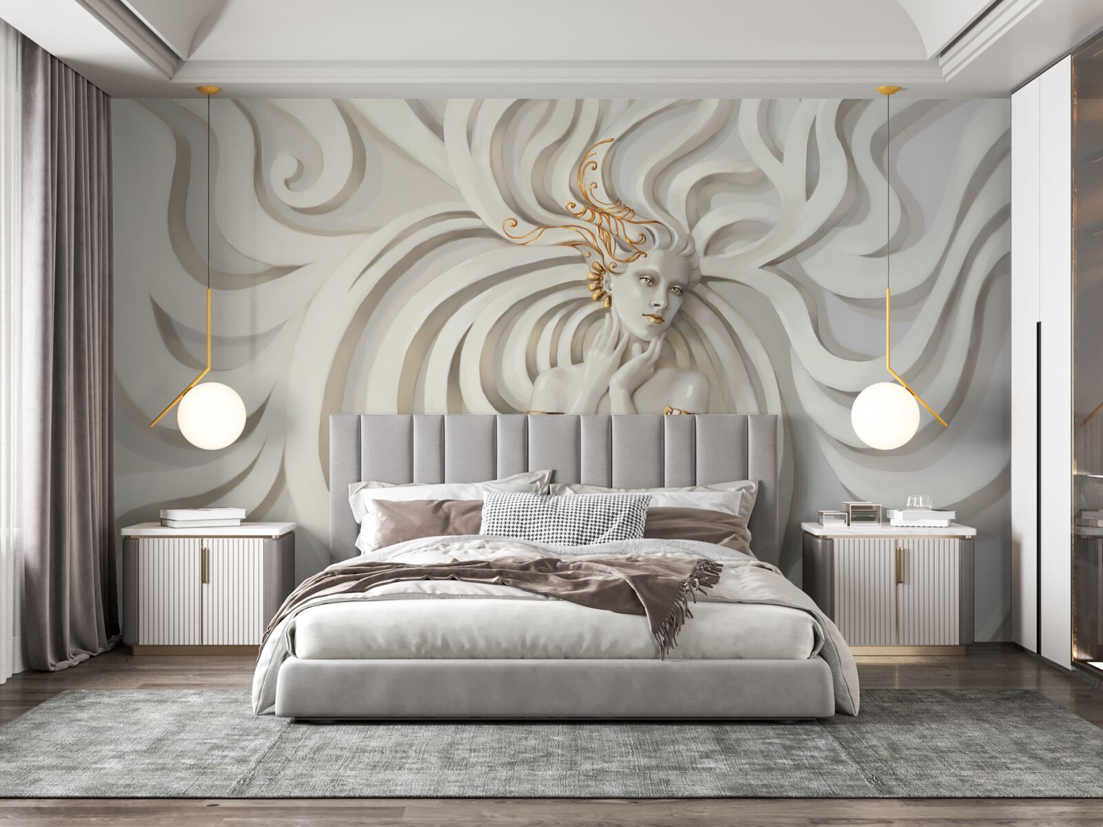 Papier peint Image d'une femme avec des éléments dorés et des motifs abstraits