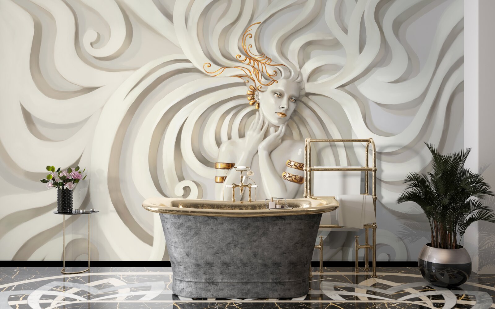 Papier peint Image d'une femme avec des éléments dorés et des motifs abstraits