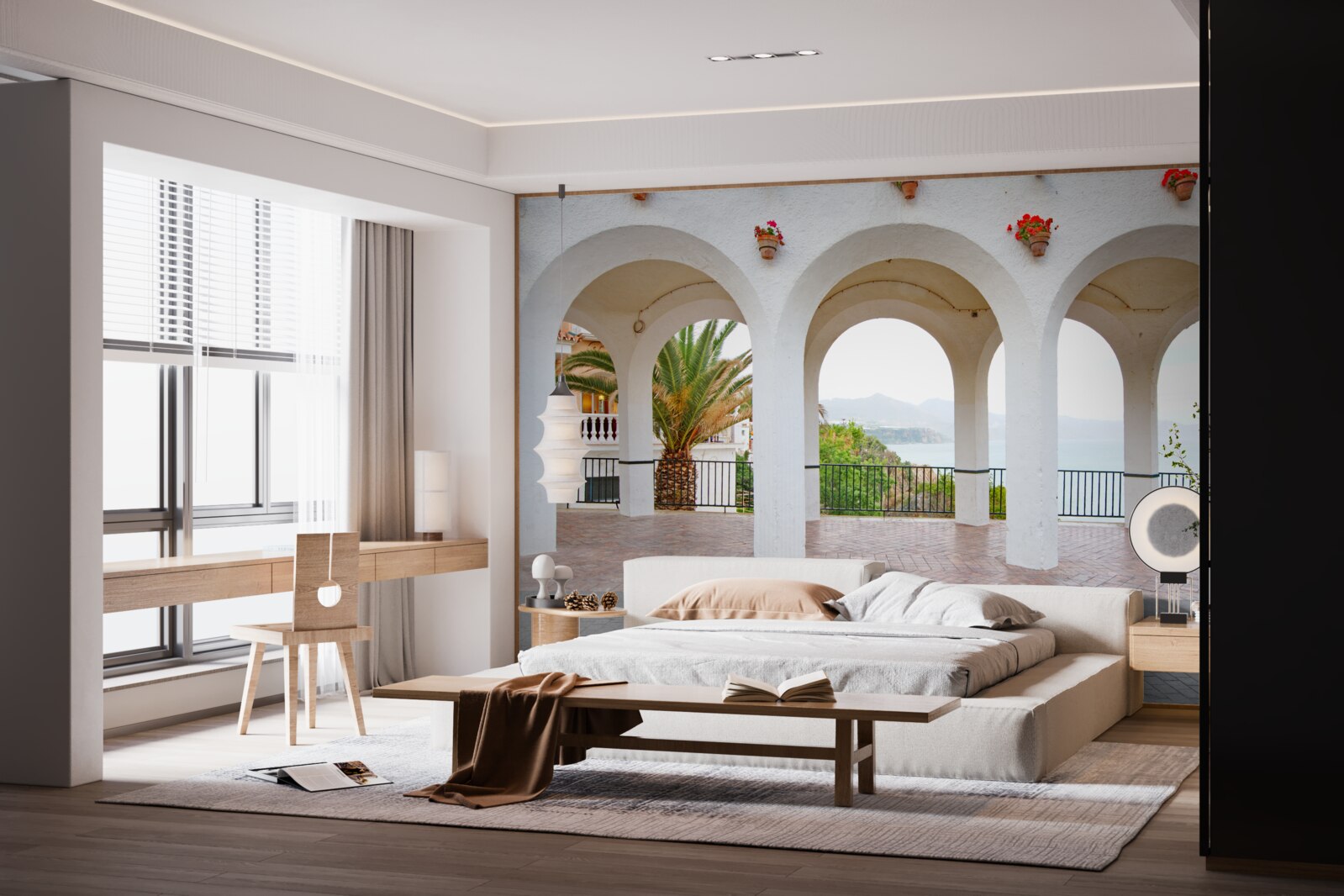 Papier peint des arcs arrondis et lisses, d'une blancheur de neige, au-dessus de la rivière