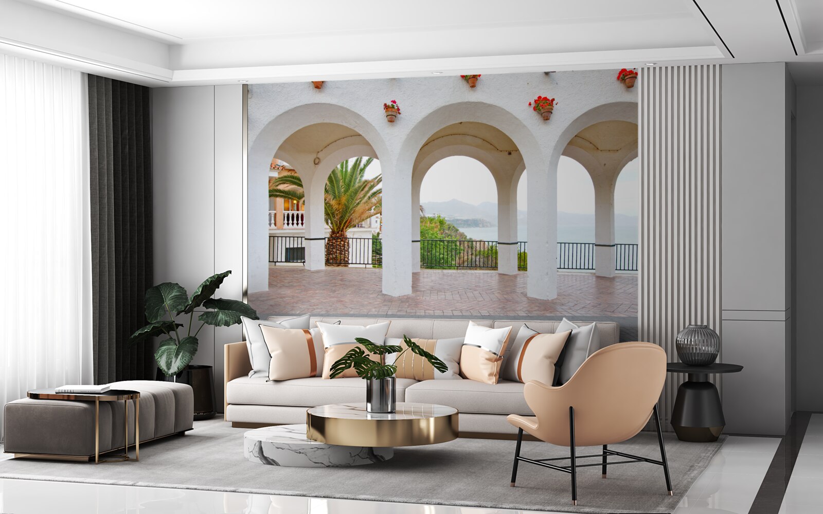 Papier peint des arcs arrondis et lisses, d'une blancheur de neige, au-dessus de la rivière