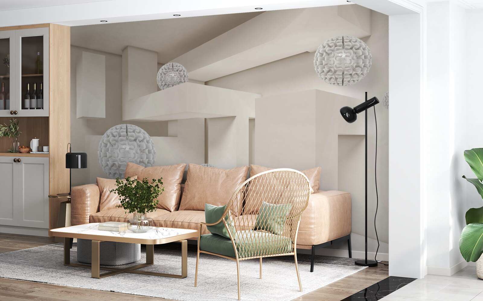 Papier peint cercles blancs abstraits sur fond de rectangles