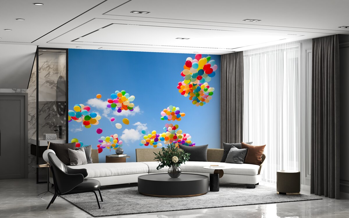 Papier peint des centaines de boules colorées s'envolent dans le ciel