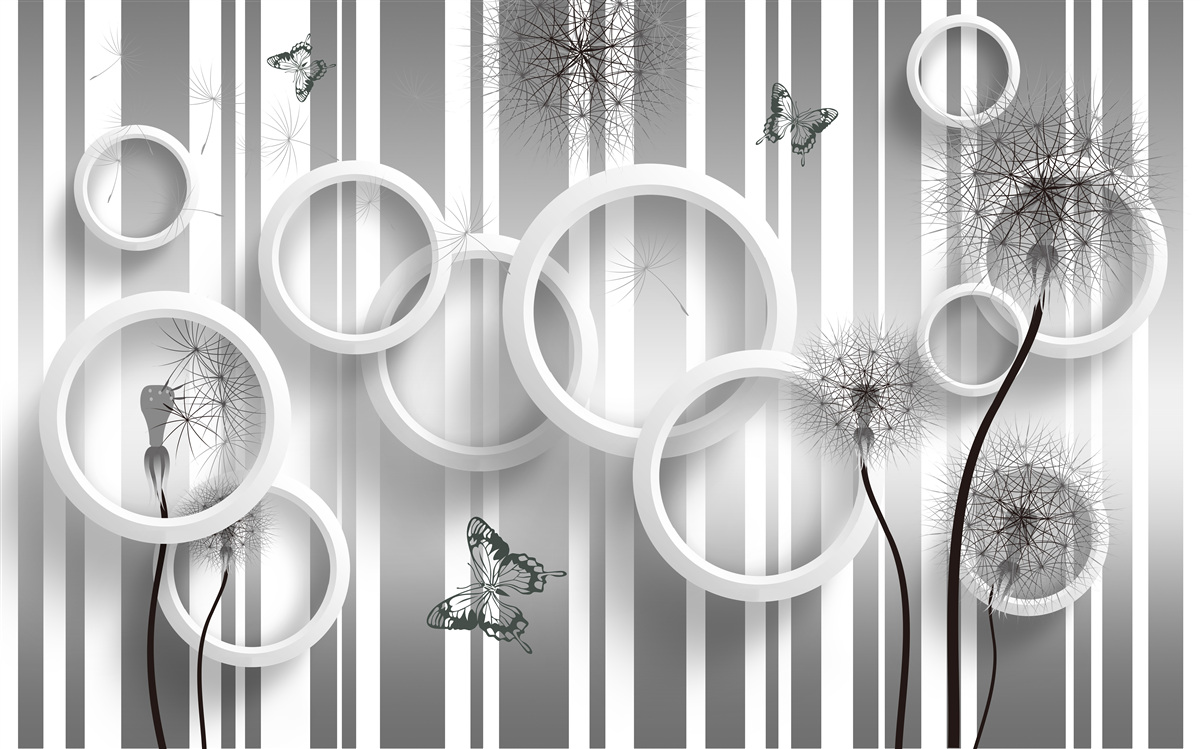 Papier peint abstraction de cercles blancs avec des pissenlits