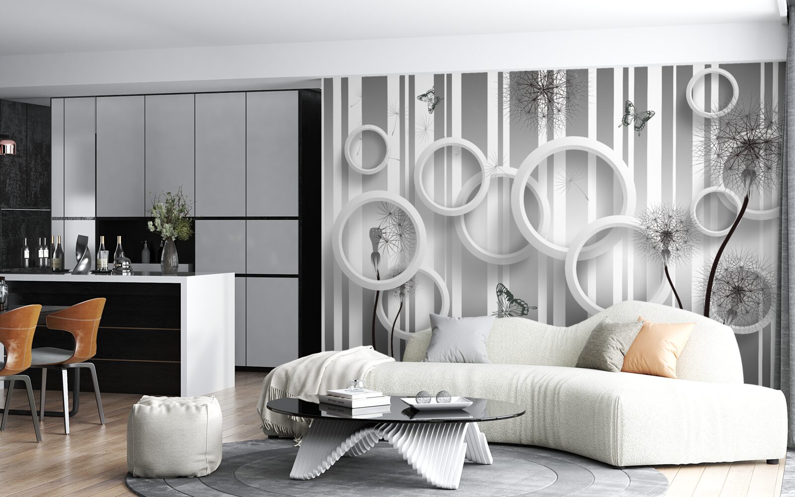 Papier peint abstraction de cercles blancs avec des pissenlits