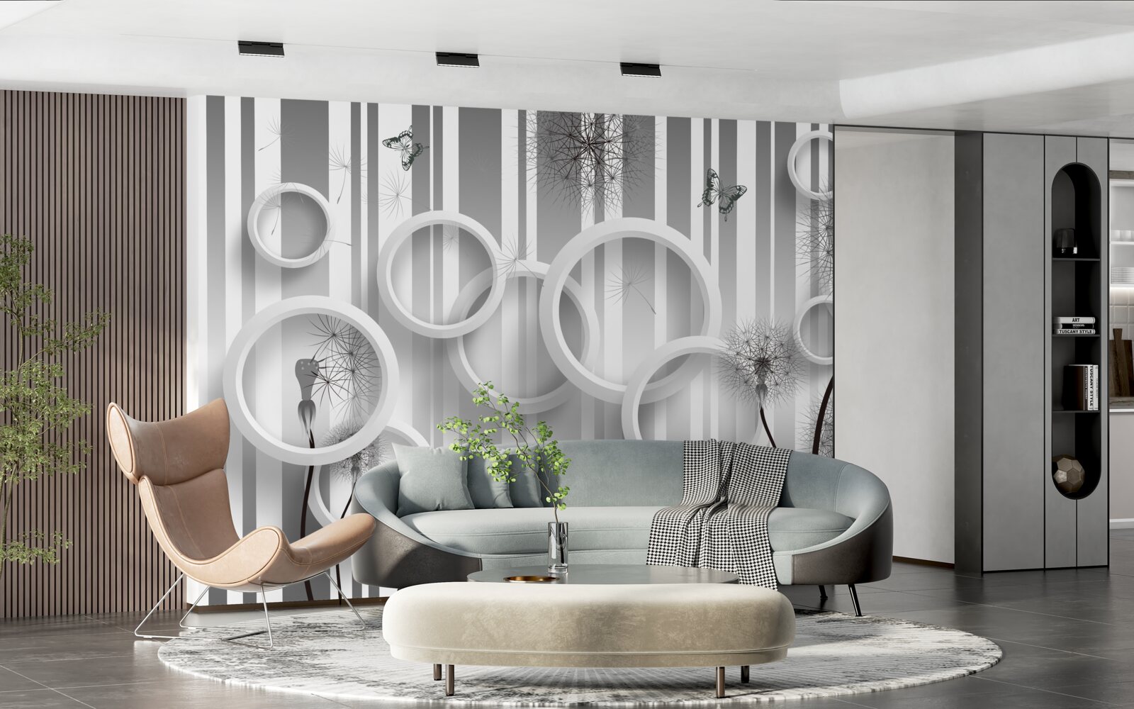 Papier peint abstraction de cercles blancs avec des pissenlits