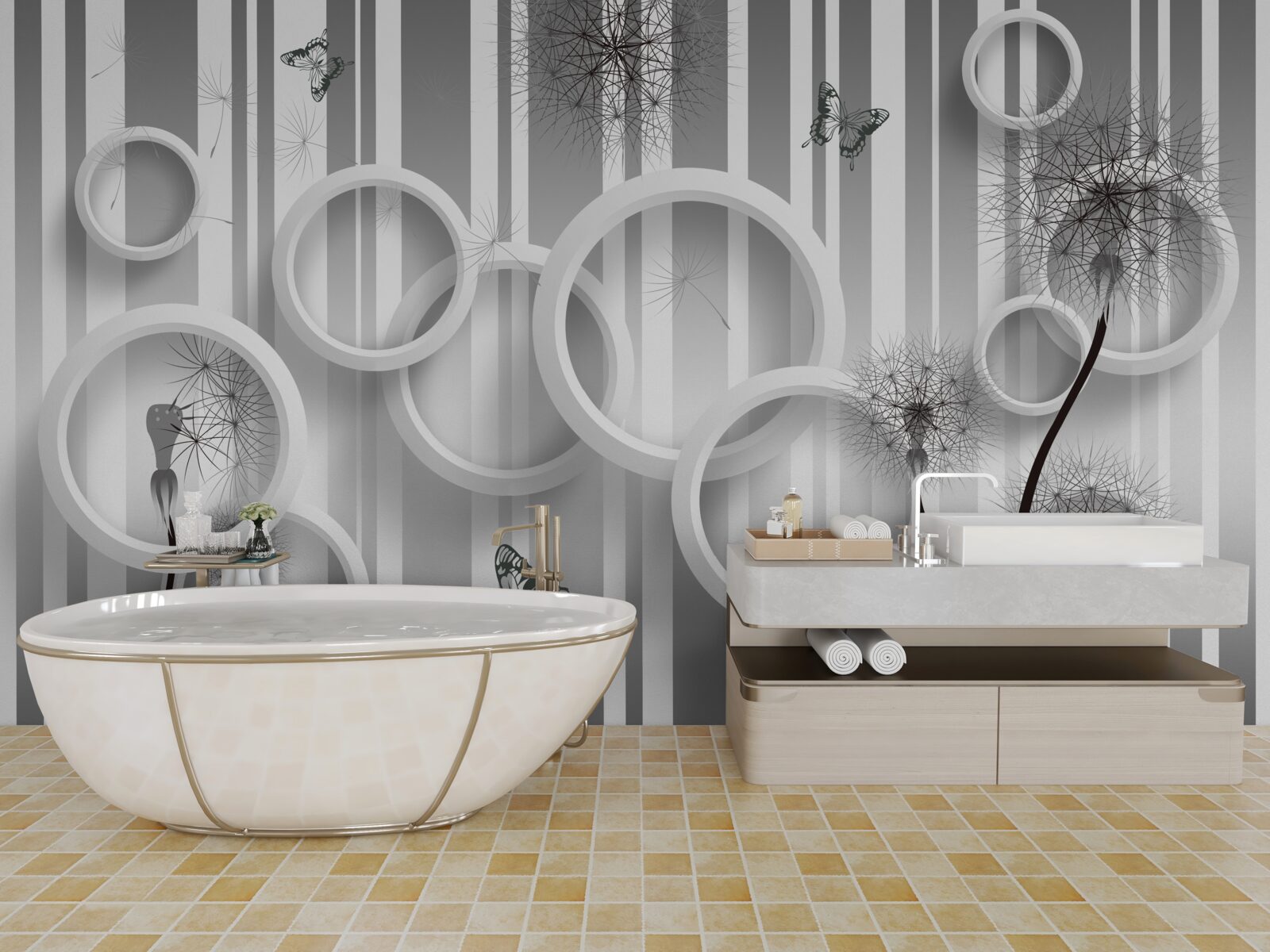 Papier peint abstraction de cercles blancs avec des pissenlits