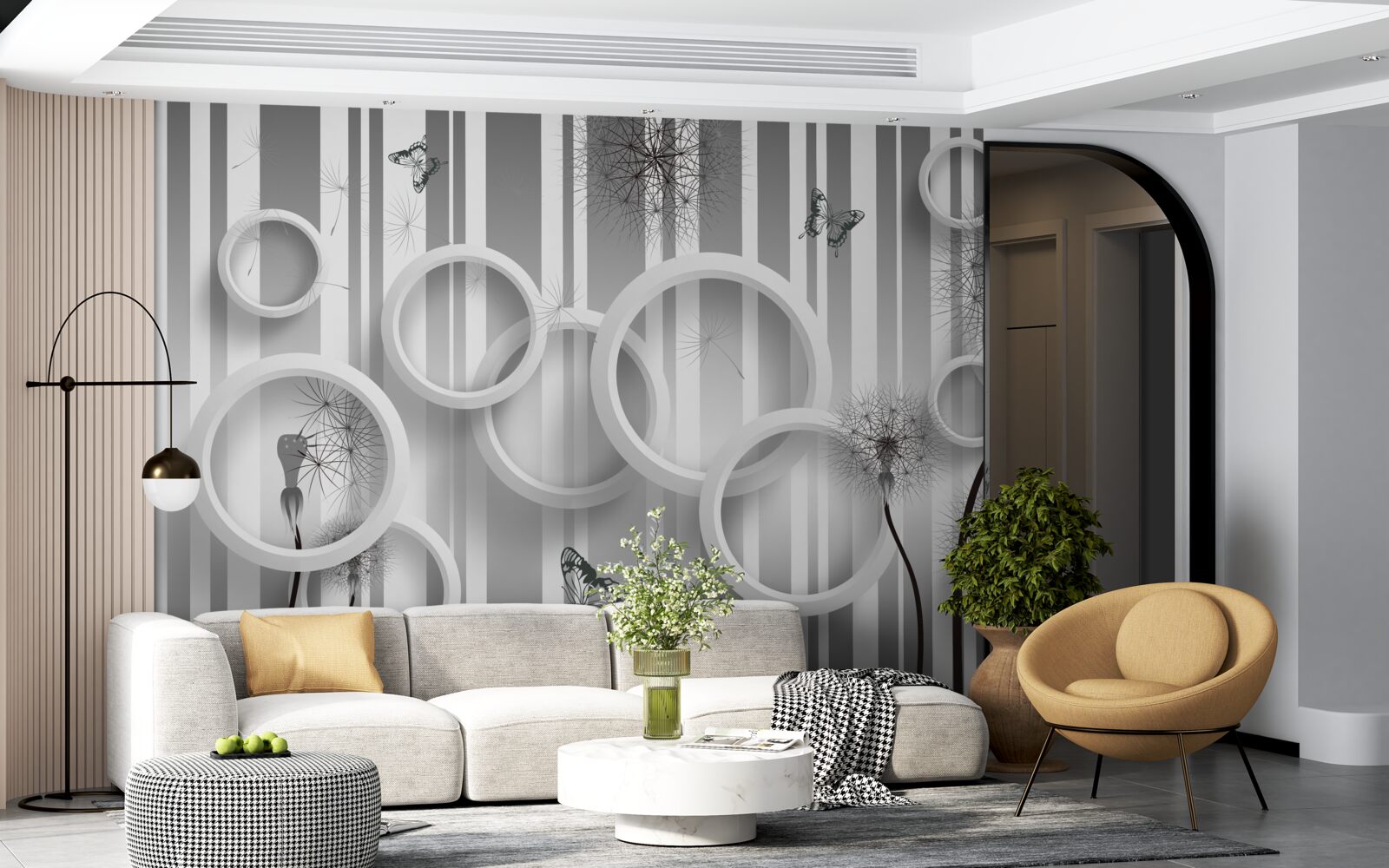 Papier peint abstraction de cercles blancs avec des pissenlits