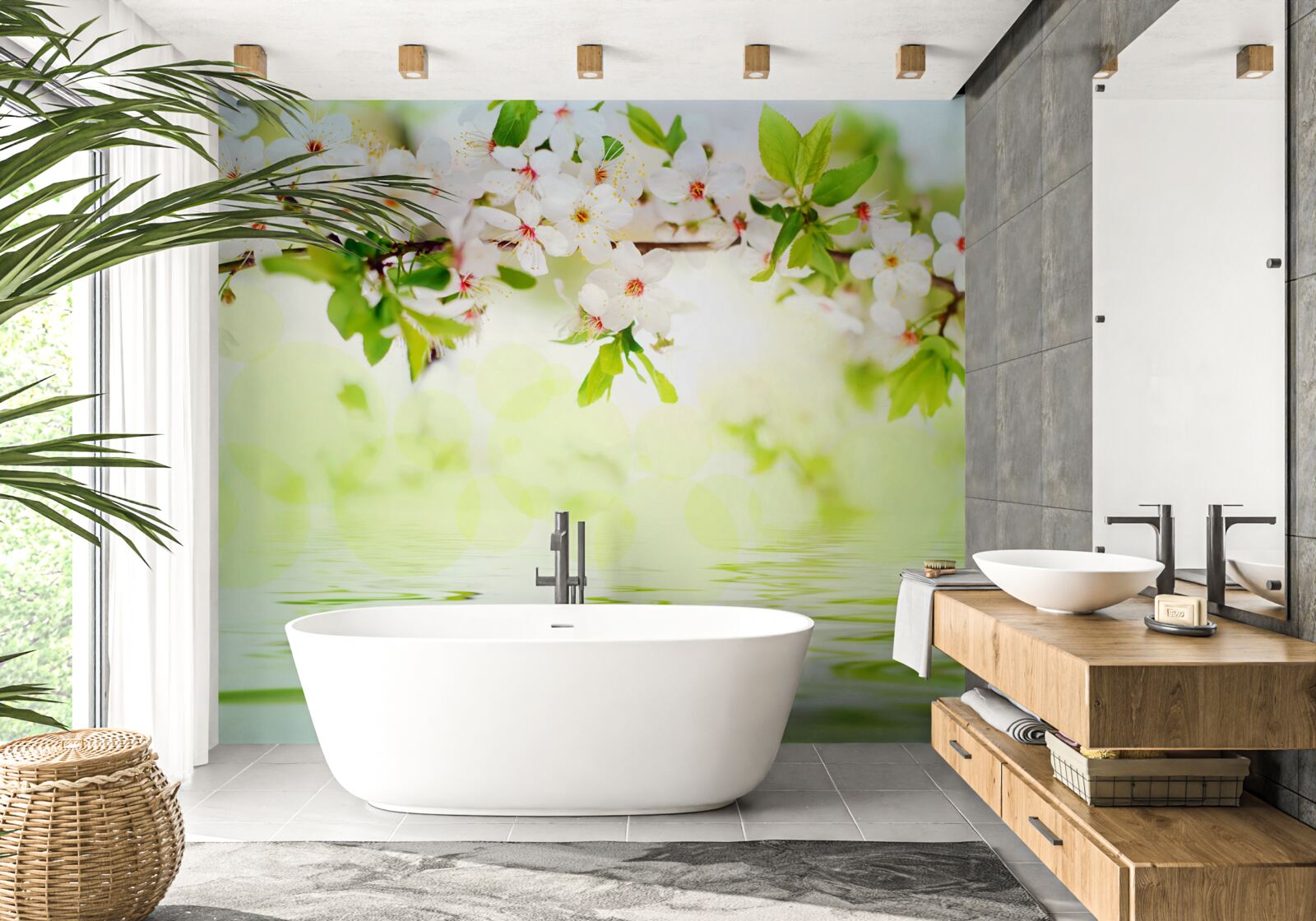 Papier peint les fleurs de sakura sont blanches dans l'eau chaude de l'été