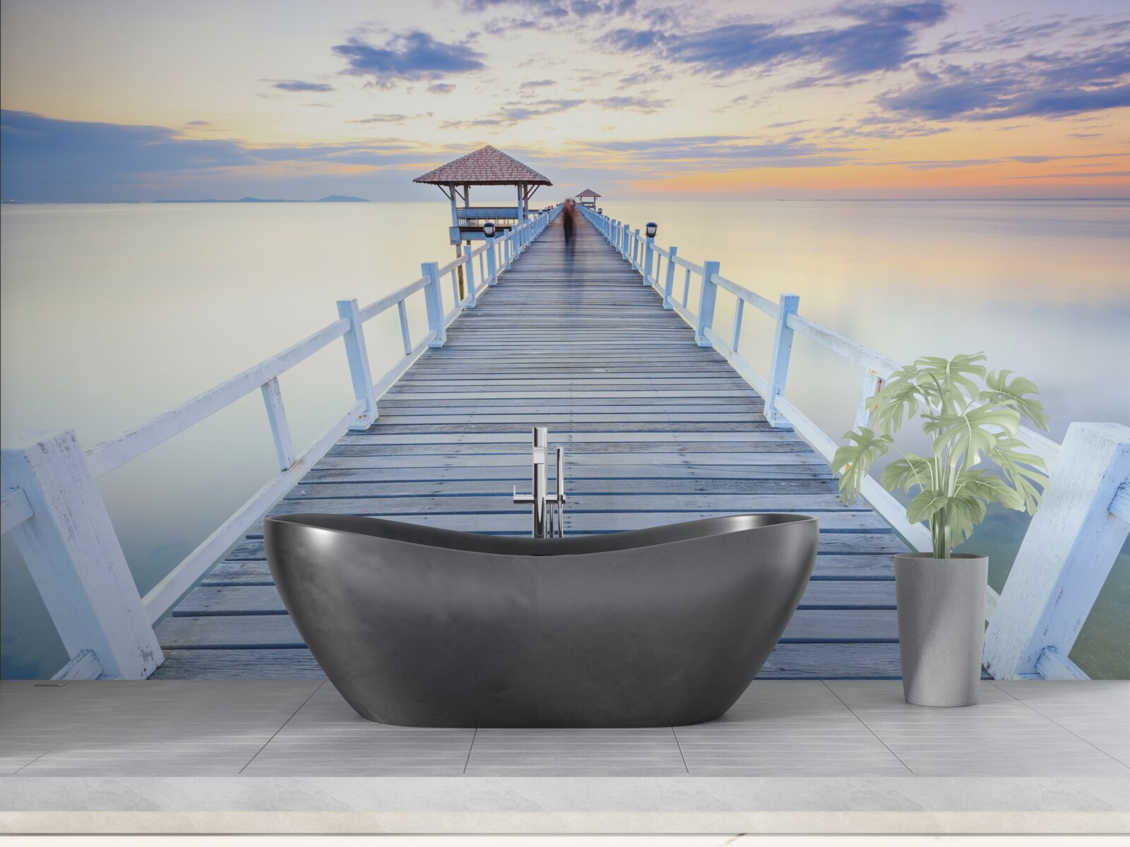 Papier peint avec un belvédère sur l'eau à l'aube, qui a vu passer de nombreuses personnes.