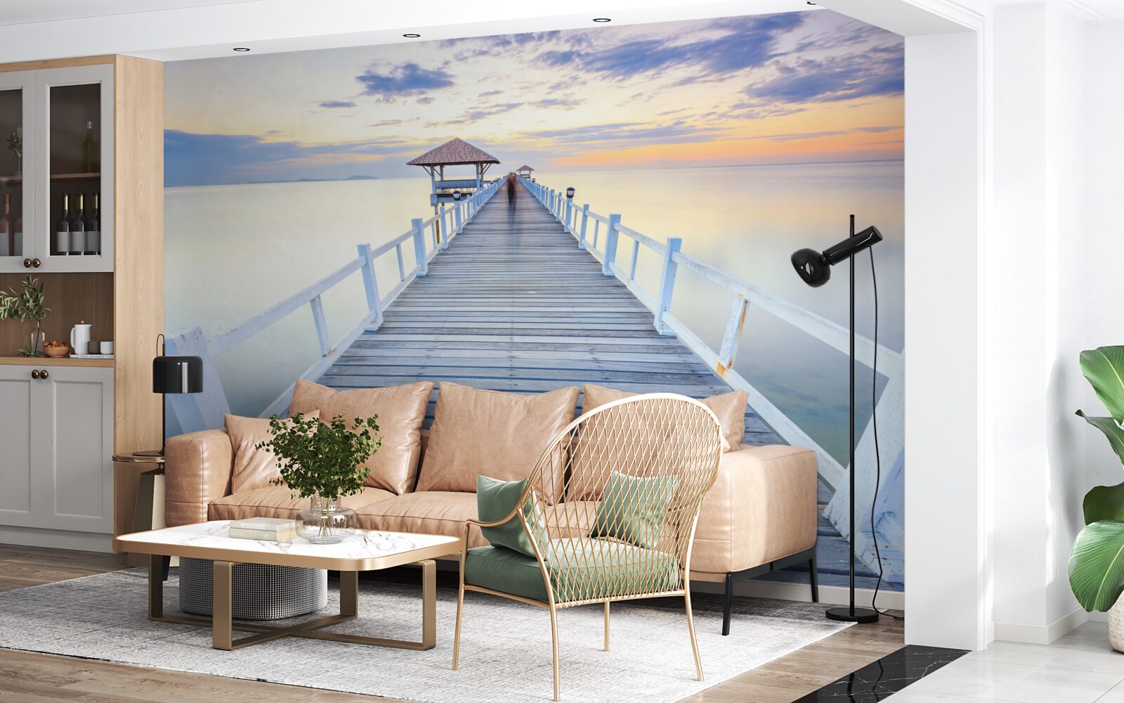 Papier peint avec un belvédère sur l'eau à l'aube, qui a vu passer de nombreuses personnes.