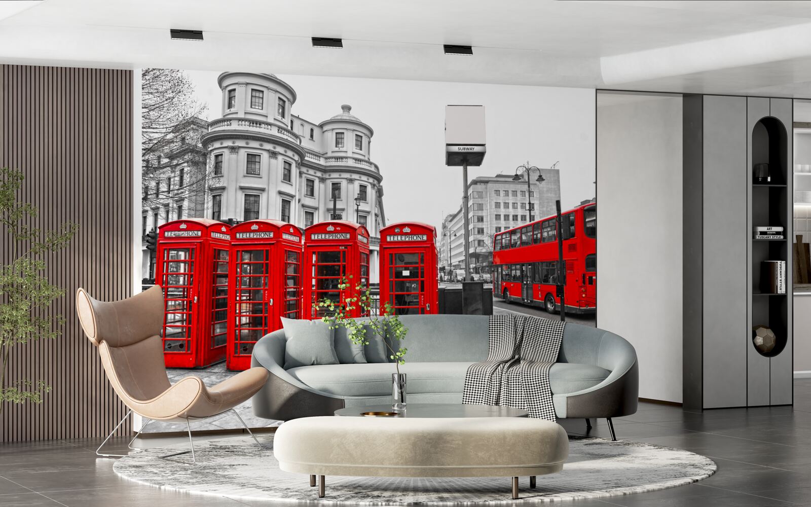 Papier peint il y a des bus rouges et des cabines téléphoniques dans la ville grise