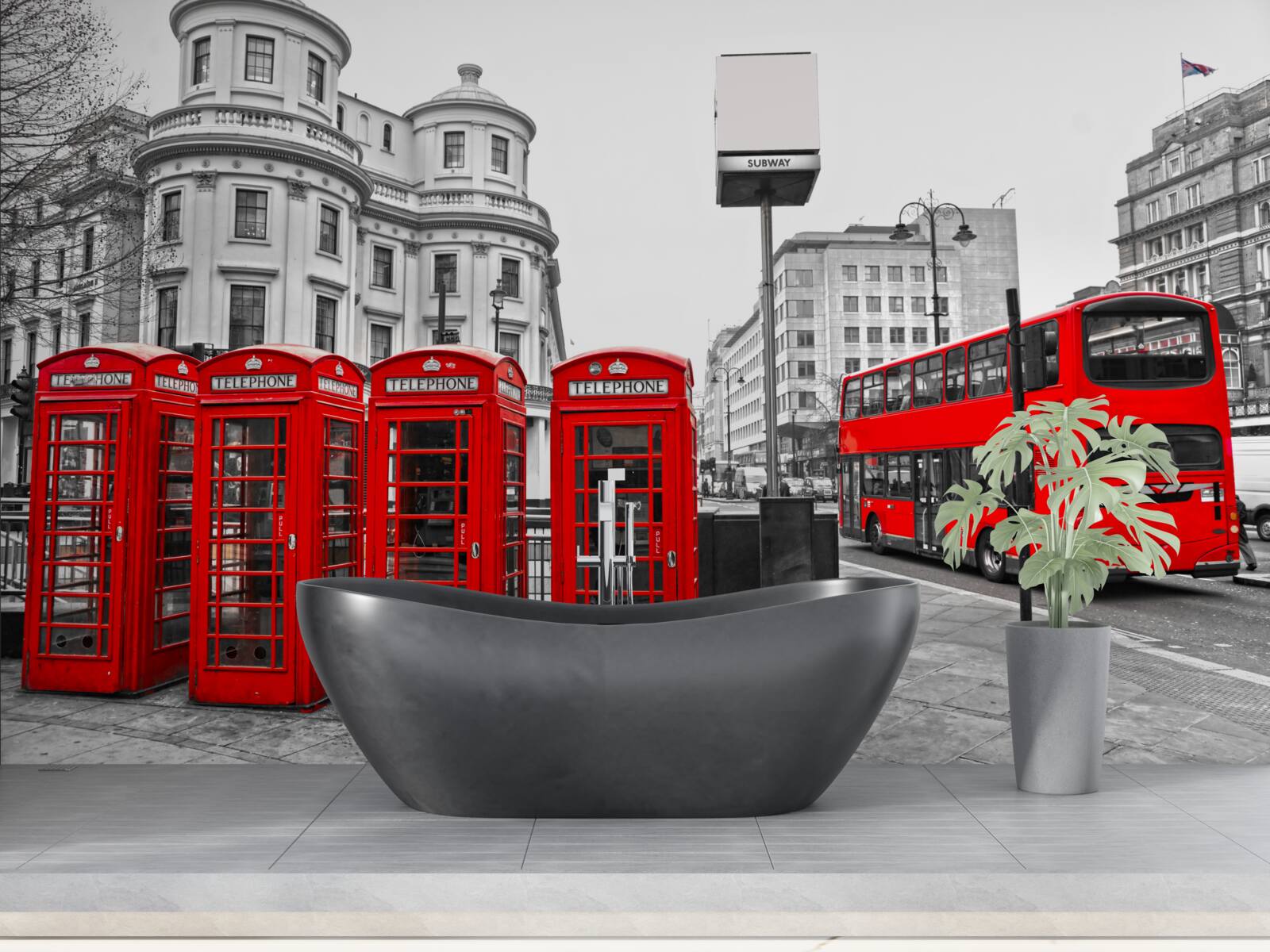 Papier peint il y a des bus rouges et des cabines téléphoniques dans la ville grise