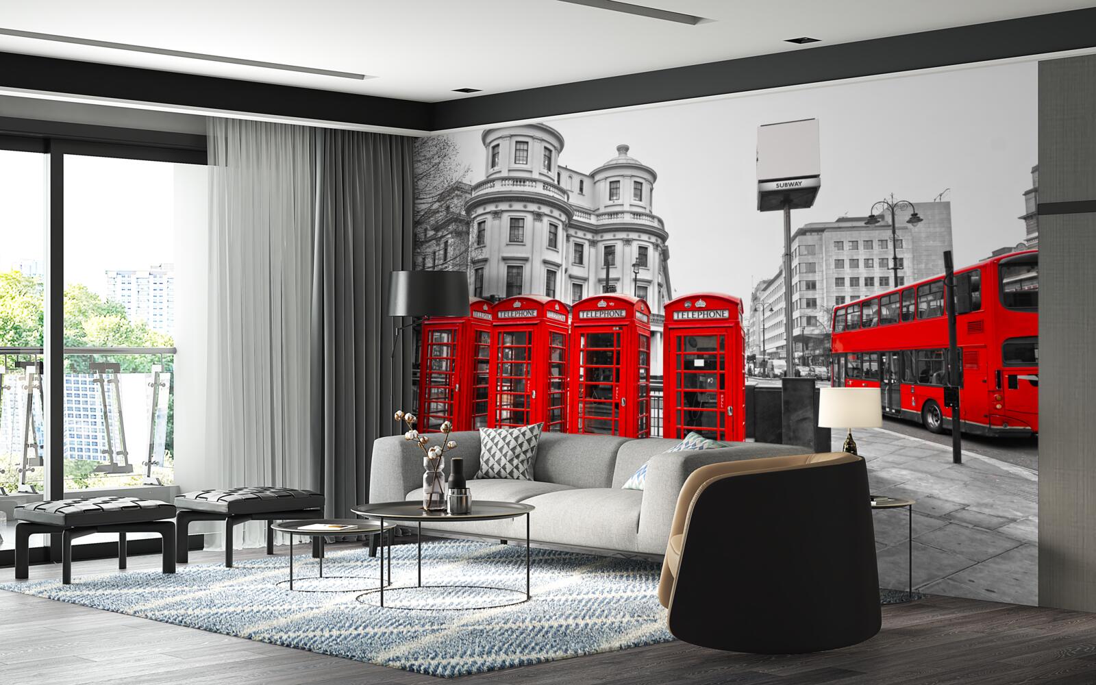 Papier peint il y a des bus rouges et des cabines téléphoniques dans la ville grise