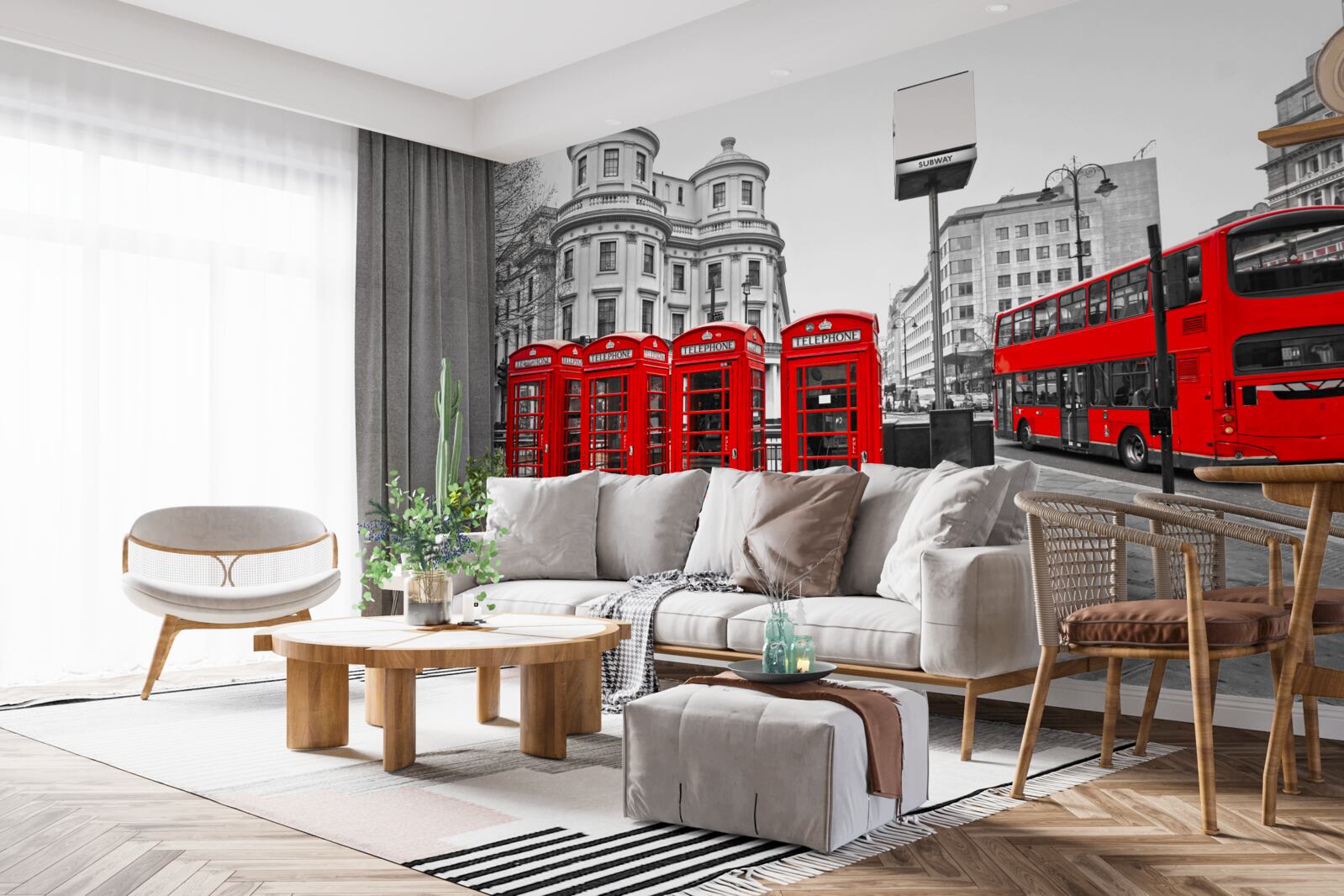 Papier peint il y a des bus rouges et des cabines téléphoniques dans la ville grise
