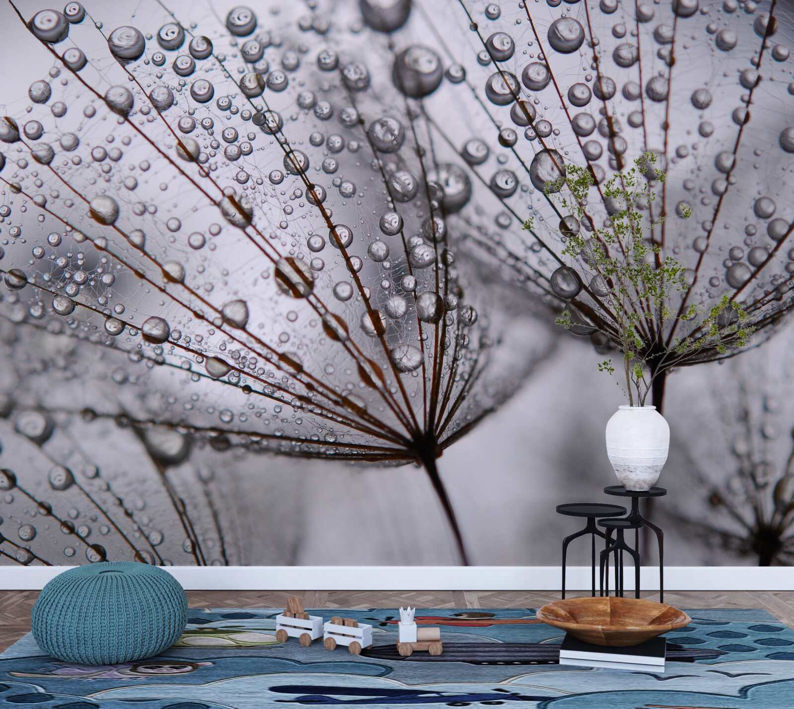 Papier peint gouttes de rosée laissées sur les fleurs de pissenlit