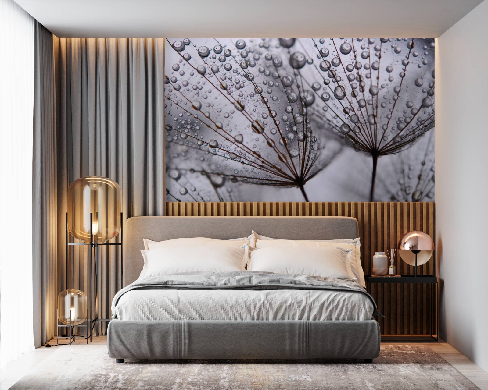 Papier peint gouttes de rosée laissées sur les fleurs de pissenlit