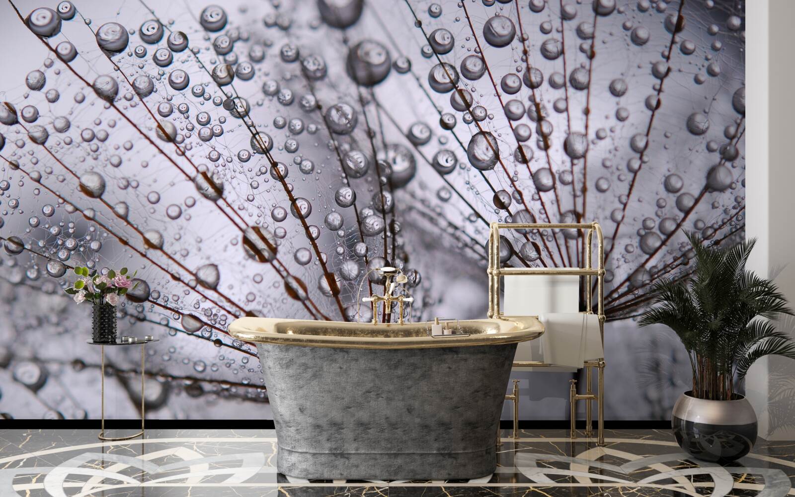 Papier peint gouttes de rosée laissées sur les fleurs de pissenlit