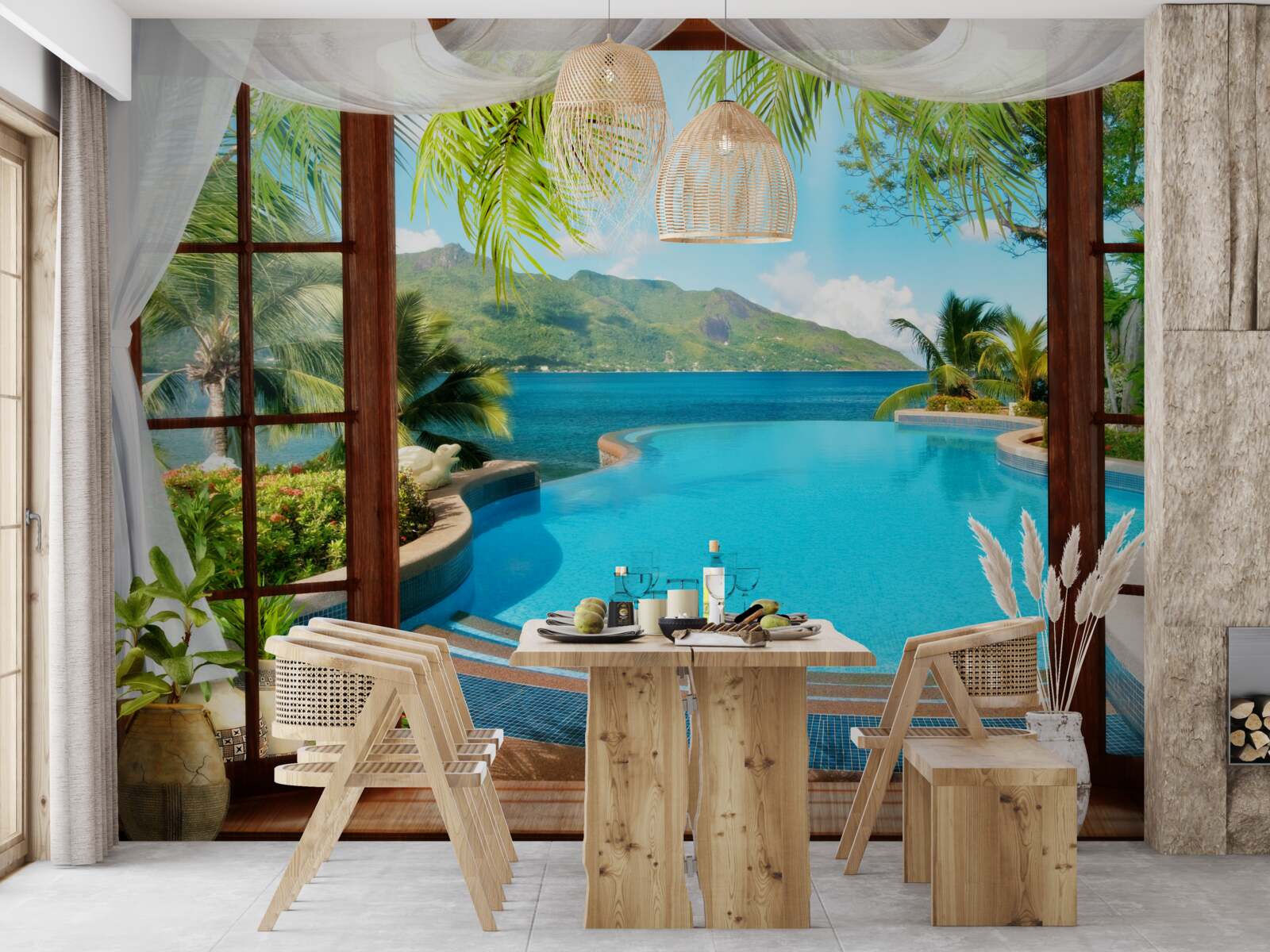 Papier peint piscine sur la terrasse avec une vue magnifique sur les montagnes