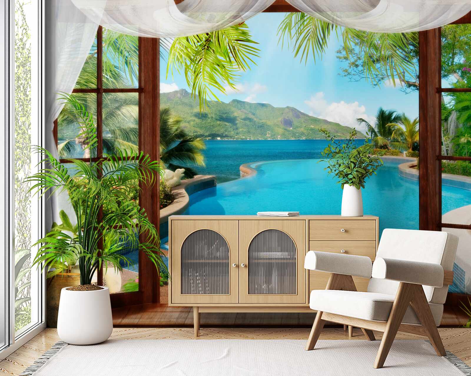 Papier peint piscine sur la terrasse avec une vue magnifique sur les montagnes