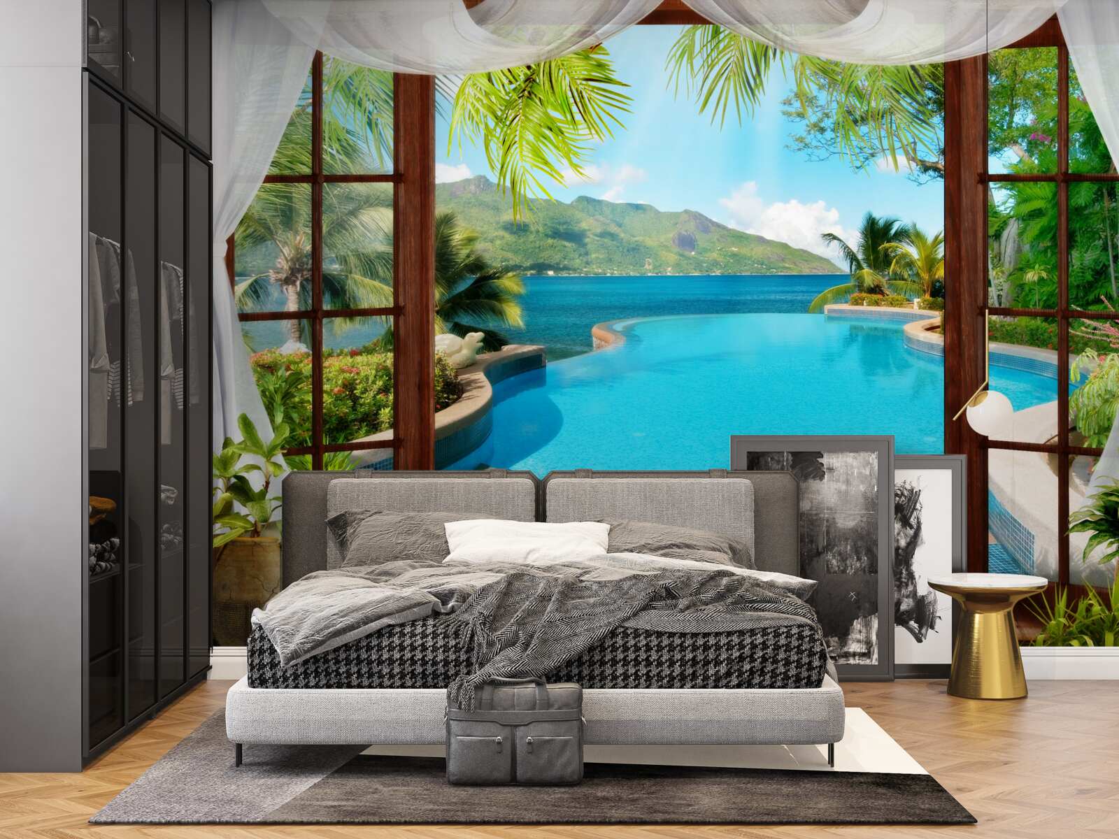 Papier peint piscine sur la terrasse avec une vue magnifique sur les montagnes