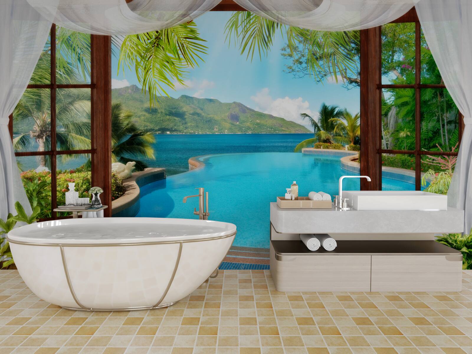 Papier peint piscine sur la terrasse avec une vue magnifique sur les montagnes