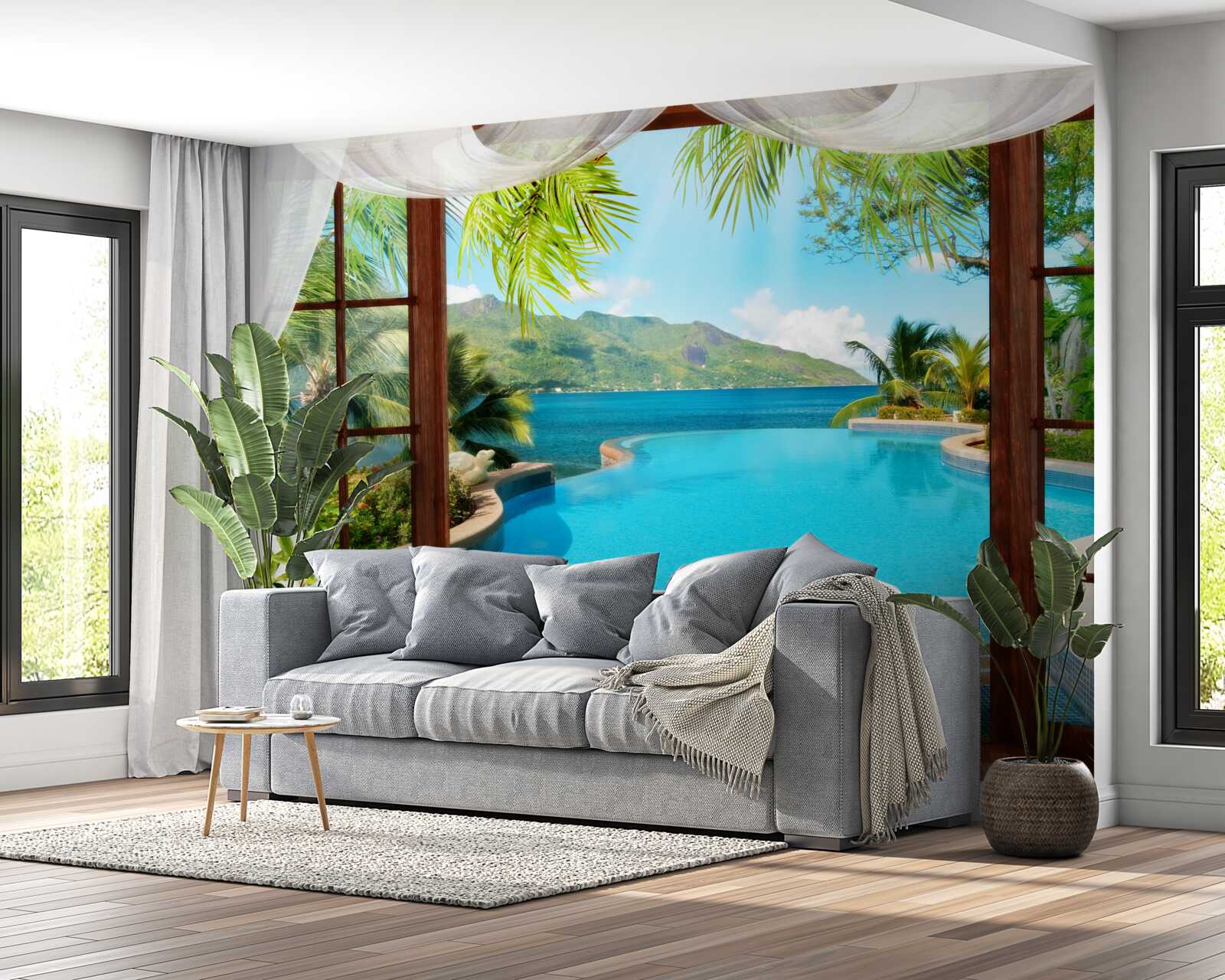 Papier peint piscine sur la terrasse avec une vue magnifique sur les montagnes