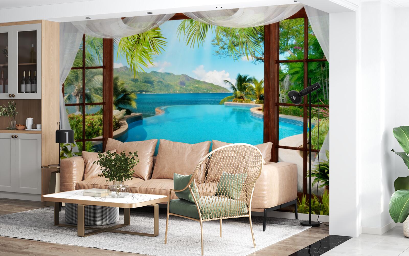 Papier peint piscine sur la terrasse avec une vue magnifique sur les montagnes