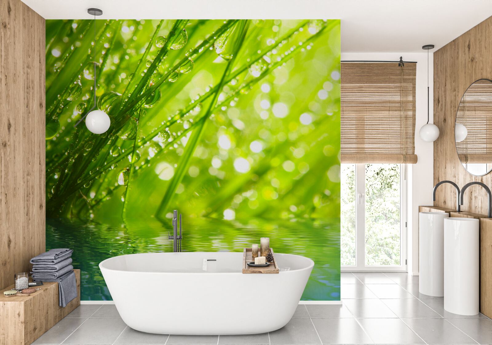 Papier peint grosses gouttes de rosée sur les branches près de l'eau