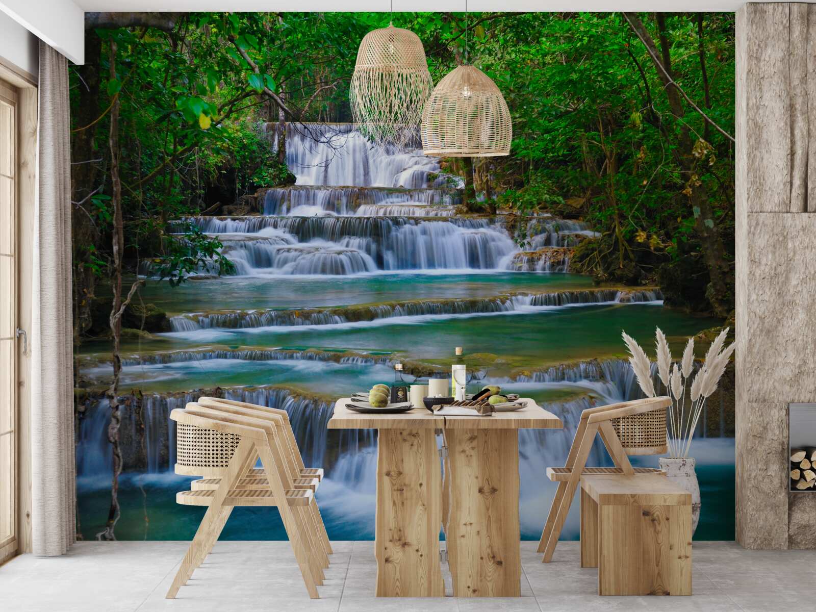 Papier peint grande cascade avec de l'eau turquoise qui tombe en cascade