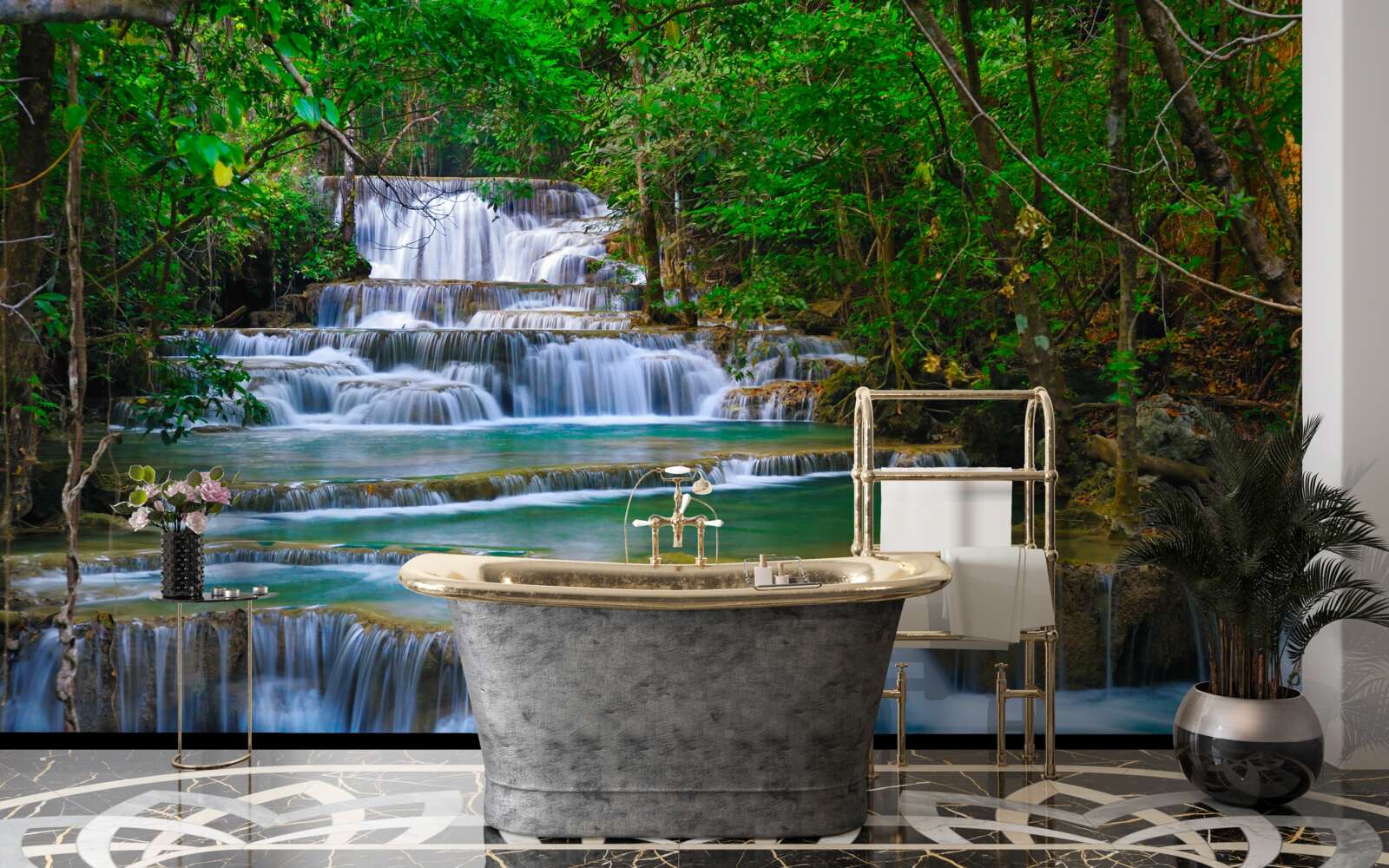 Papier peint grande cascade avec de l'eau turquoise qui tombe en cascade