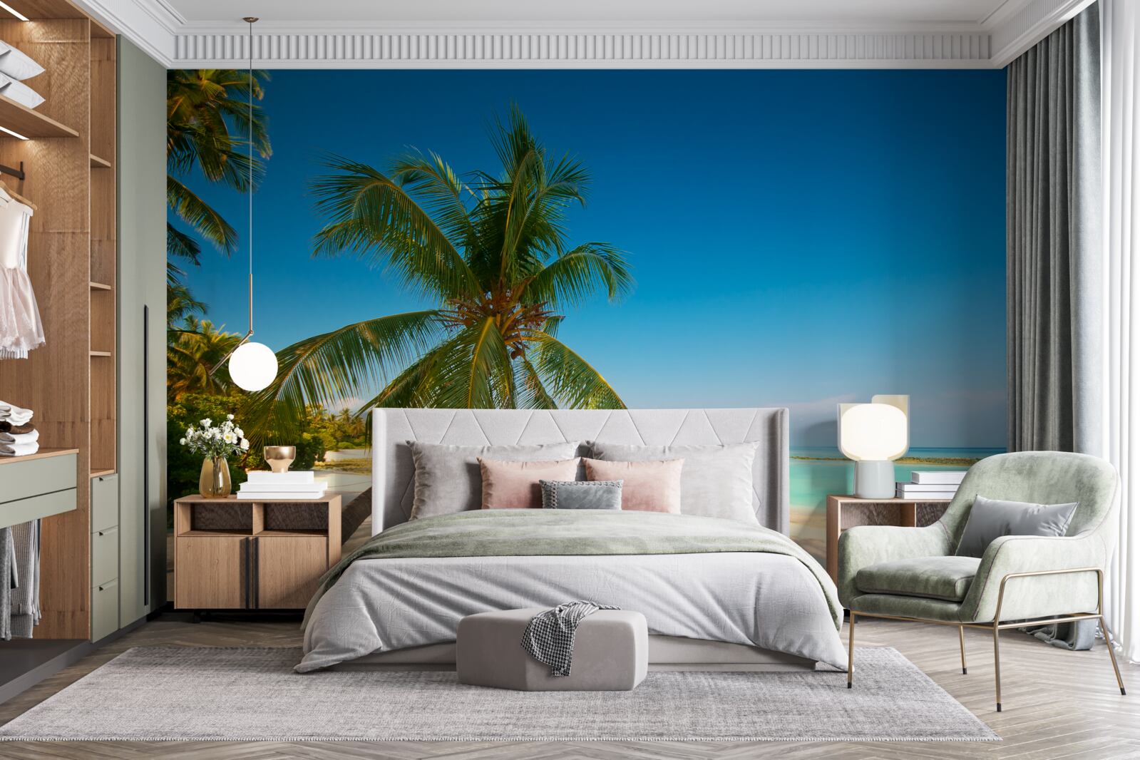 Papier peint hamac tendu sous un palmier sur une côte tropicale