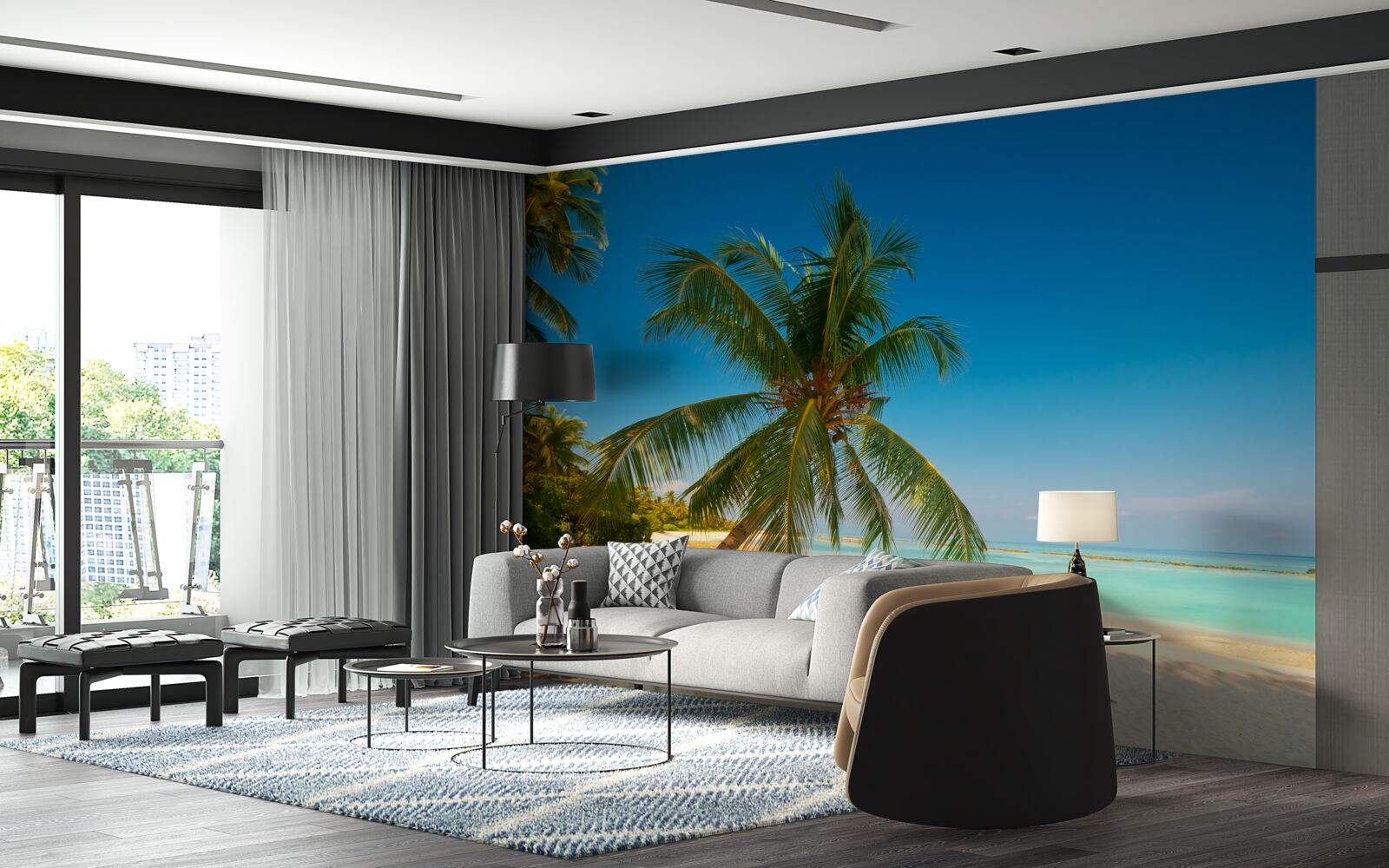 Papier peint hamac tendu sous un palmier sur une côte tropicale