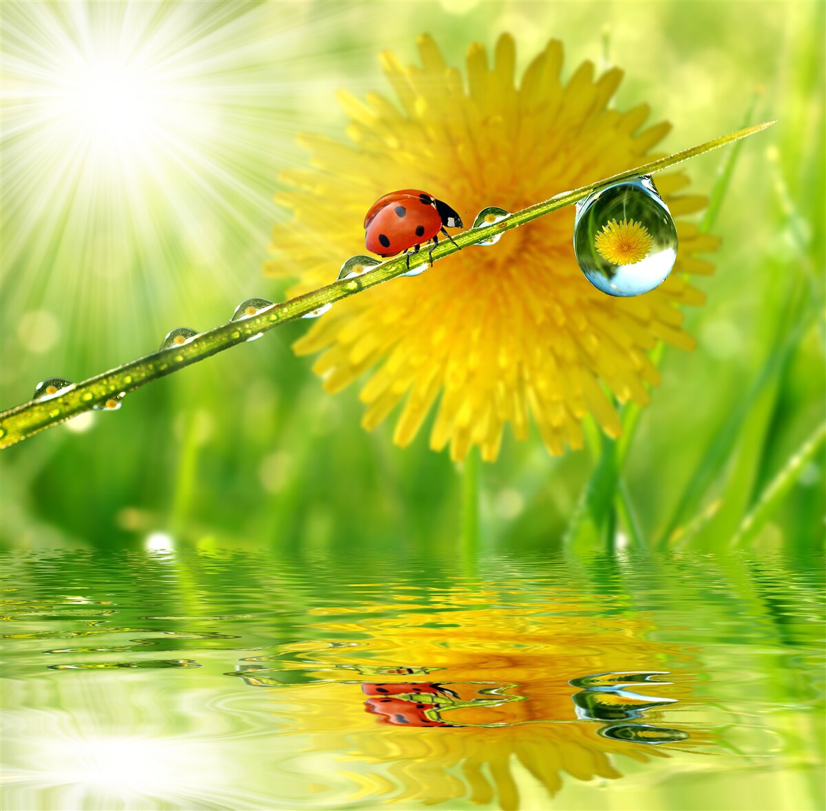 Papier peint grand pissenlit dans les gouttes de pluie près de l'eau