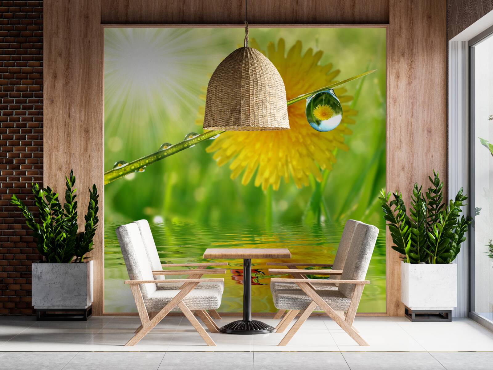 Papier peint grand pissenlit dans les gouttes de pluie près de l'eau