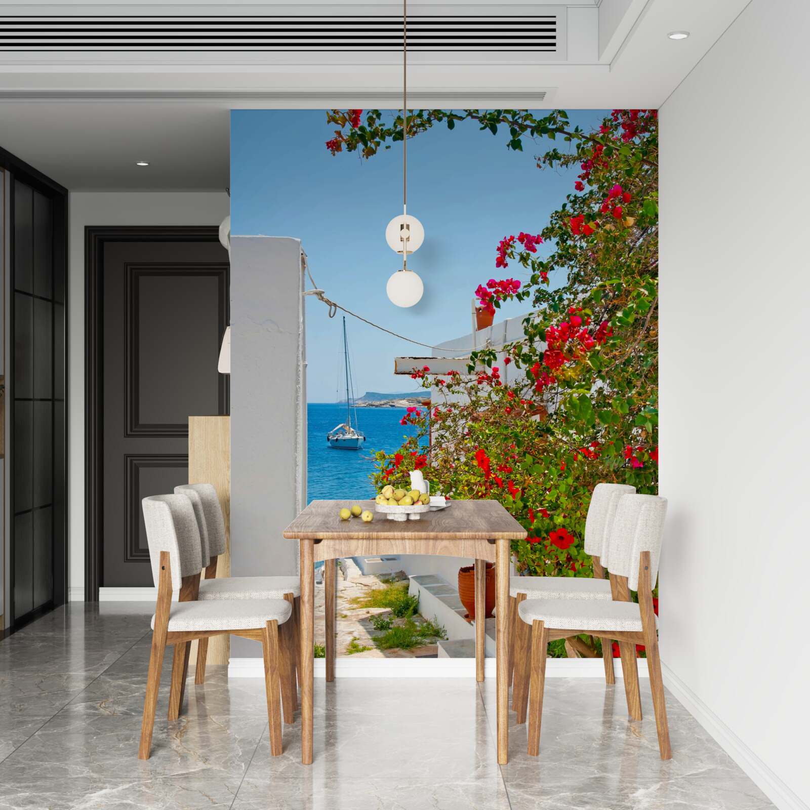 Papier peint la couleur de la grenade rouge transparaît à travers les murs des maisons blanches