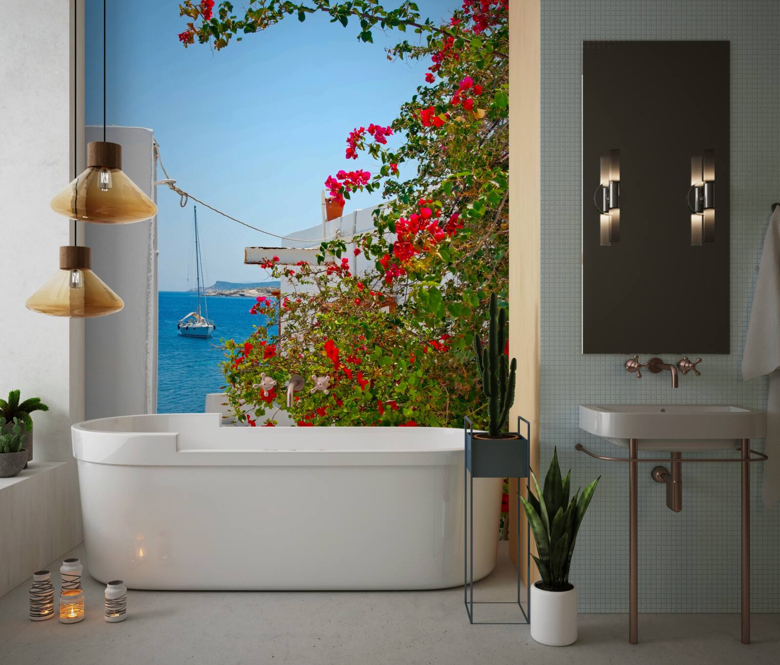 Papier peint la couleur de la grenade rouge transparaît à travers les murs des maisons blanches