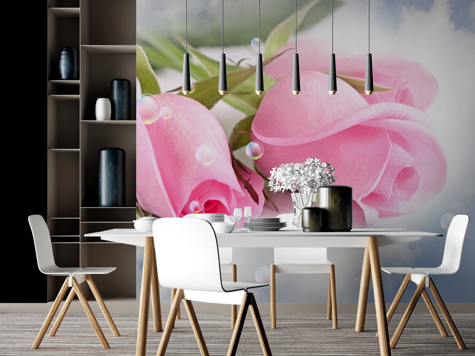 Papier peint roses roses avec gouttes de rosée sur fond de soie