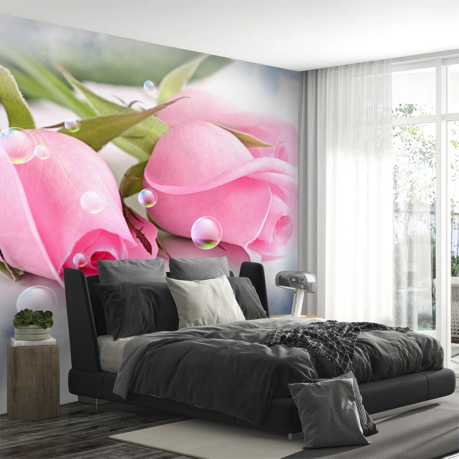 Papier peint roses roses avec gouttes de rosée sur fond de soie