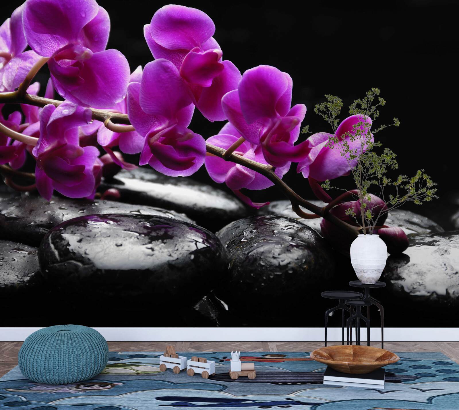 Papier peint pierre noire avec branche d'orchidée violette