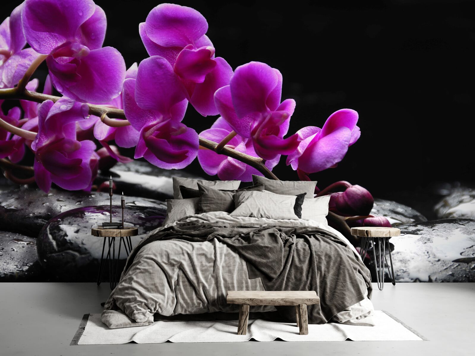 Papier peint pierre noire avec branche d'orchidée violette