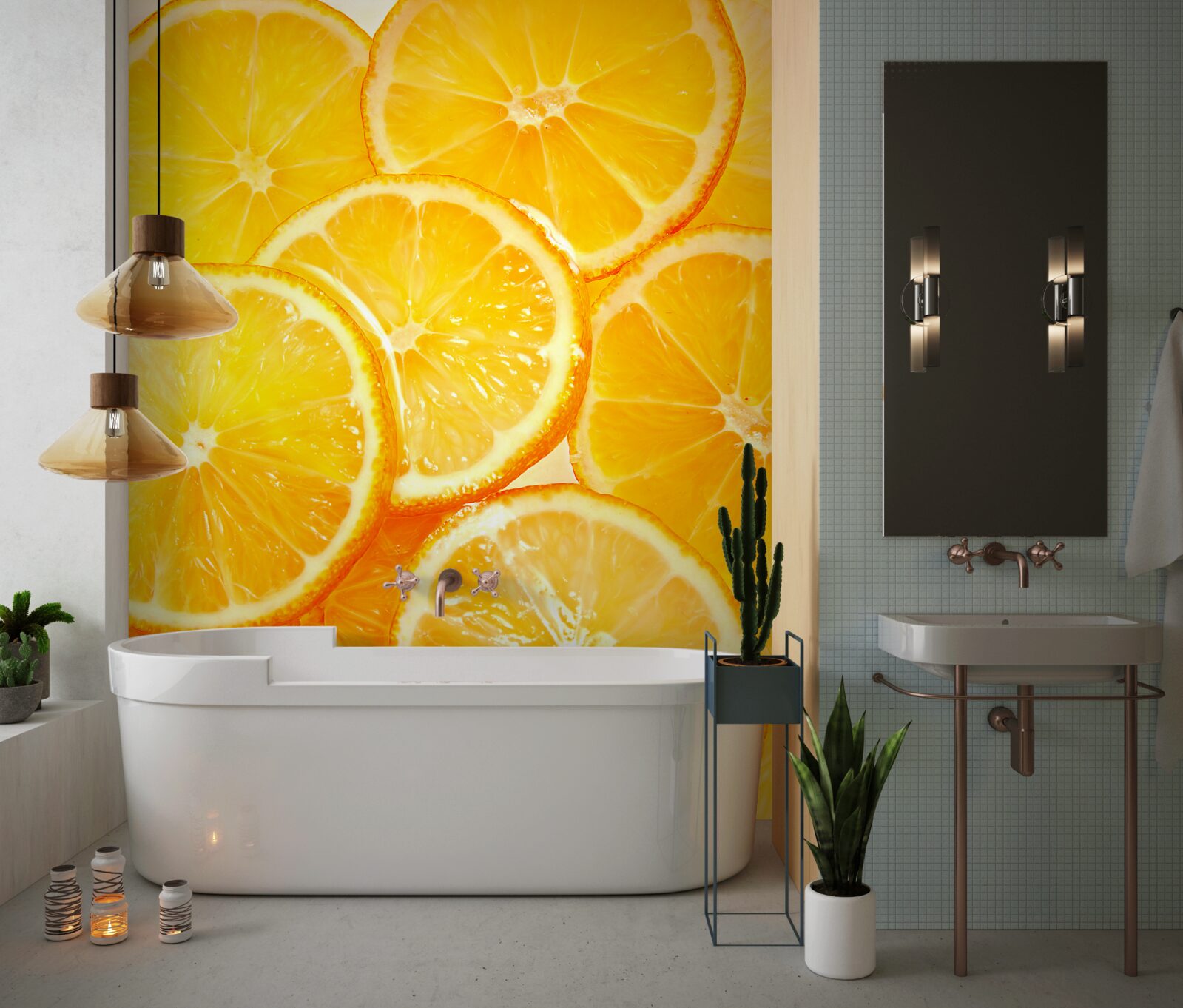 Papier peint des tranches d'orange juteuses et brillantes